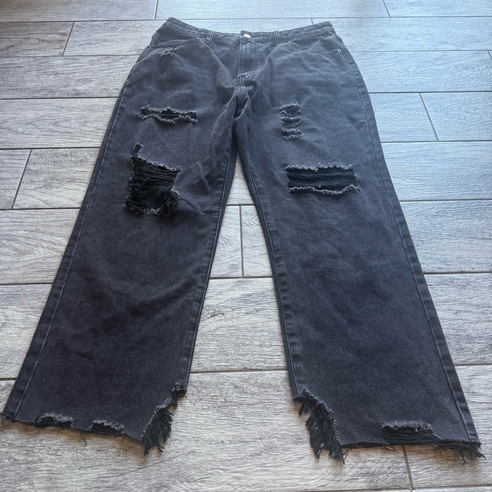 WOMENS 31 JEANS BLACK DENIM BAGGY STRAIGHT WIDE LEG DISTRESSED CHARCOAL SKATE